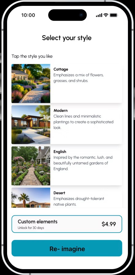 Revised Select Your Style screen with a Custom elements premium card surfaced above the Re-imagine button — equal visibility for Customize and Re-imagine