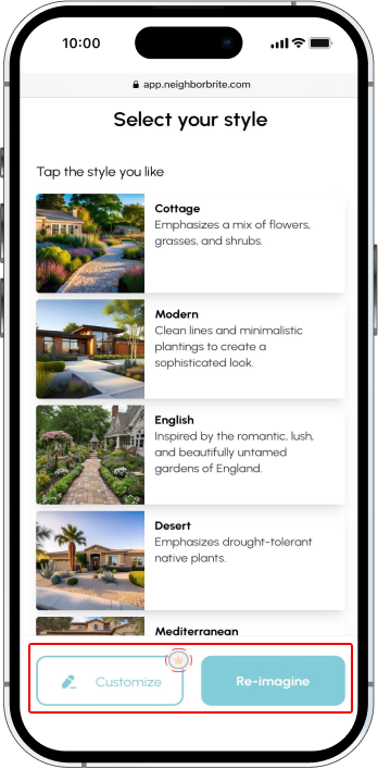Original Select Your Style screen where Re-imagine dominates and Customize is hidden