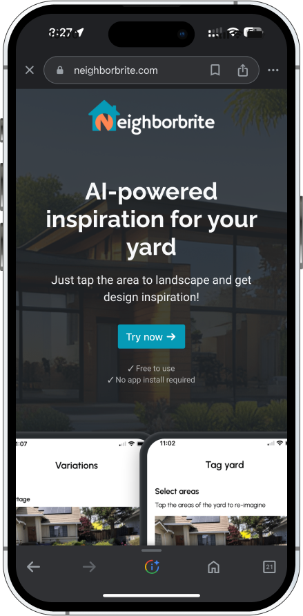 Step 1 — Neighborbrite homepage with Try now CTA