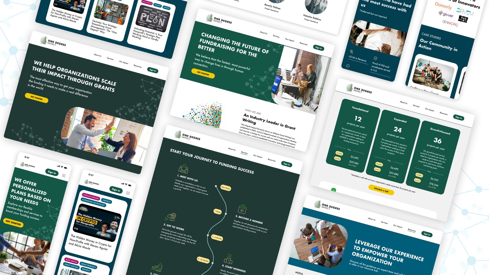 High-fidelity desktop and mobile prototypes for the final One Degree Impact redesign