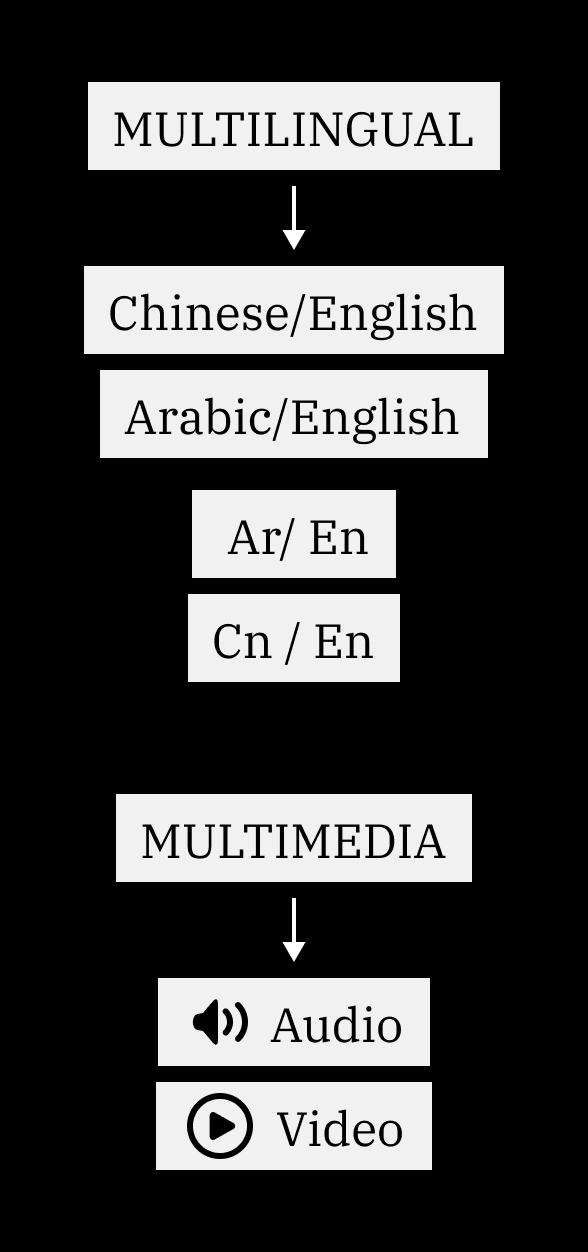 Diagram showing the Multilingual tag transformed into specific language labels (Chinese/English, Arabic/English, Ar/En, Cn/En) and the Multimedia tag split into Audio and Video