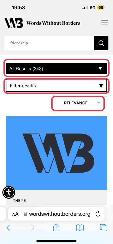 WWB mobile search page with three filter dropdowns — All Results, Filter results, and Relevance — each highlighted in red to show the cluttered filter stack
