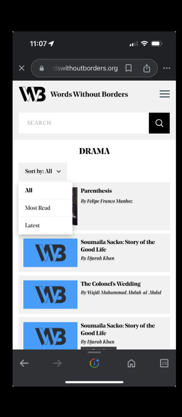 Redesigned WWB Drama genre page with a Sort by: All dropdown expanded showing All, Most Read, and Latest options above the article list