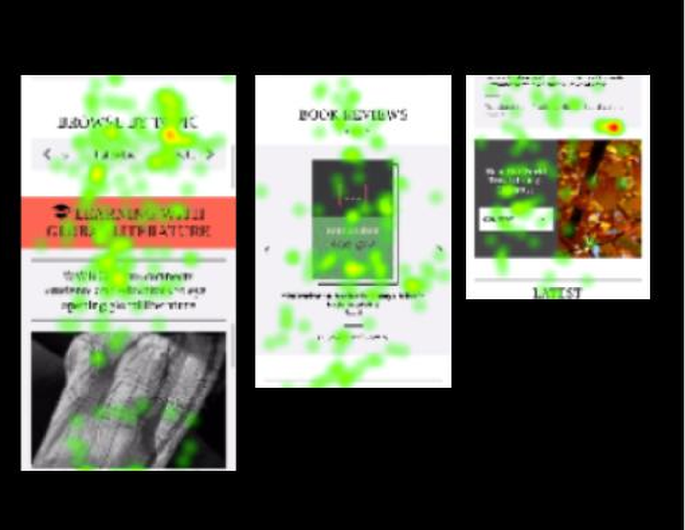 Eye-tracking heatmap showing scattered gaze patterns across Browse by Topic, Book Reviews, and Latest sections on the WWB mobile homepage